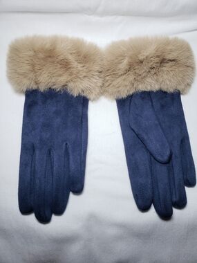 POWDER Design UK Women's Faux Fur Trim Gloves Blue Faux Suede Winter Soft